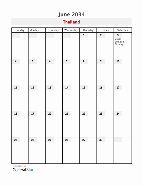 Thailand June 2034 Calendar with Holidays