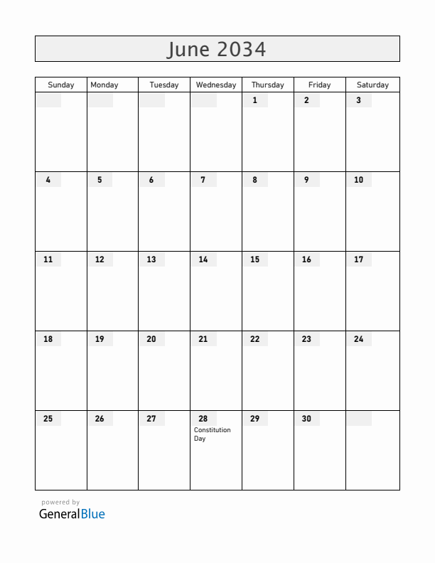 Ukraine June 2034 Calendar with Holidays