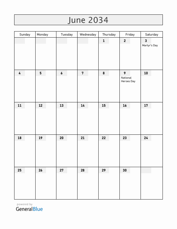 Uganda June 2034 Calendar with Holidays
