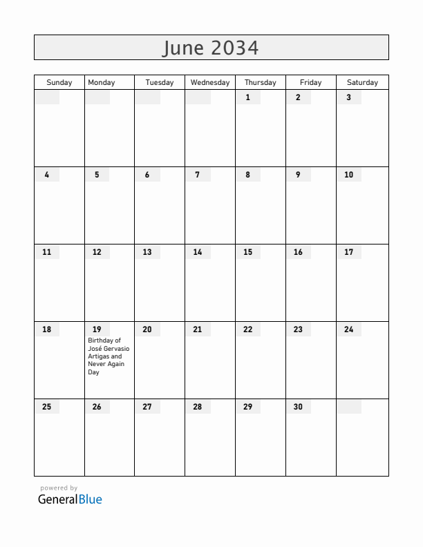 Uruguay June 2034 Calendar with Holidays