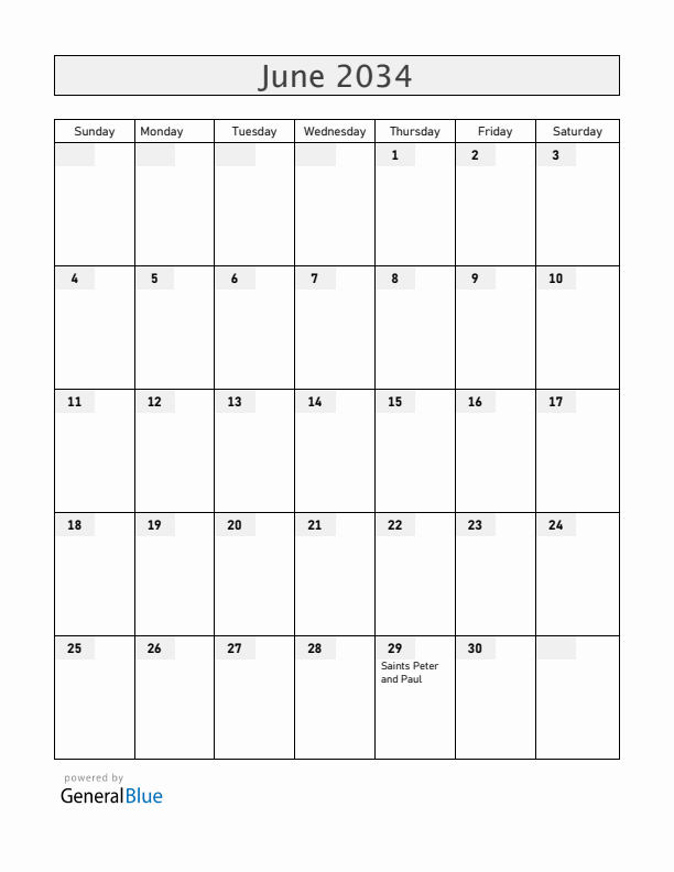 Vatican June 2034 Calendar with Holidays