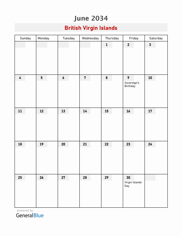 British Virgin Islands June 2034 Calendar with Holidays