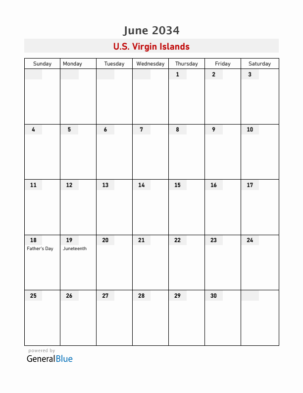 U.S. Virgin Islands June 2034 Calendar with Holidays