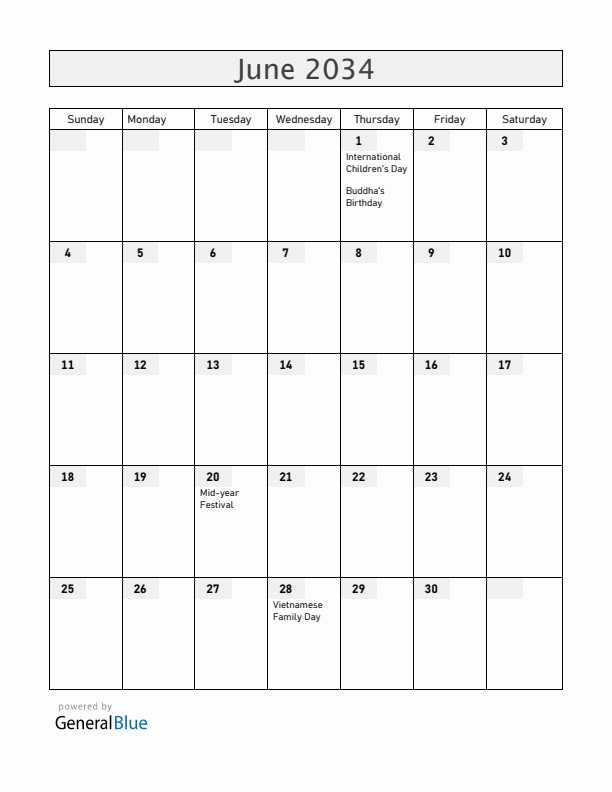 Vietnam June 2034 Calendar with Holidays