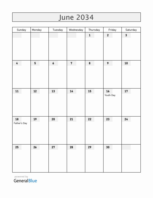 South Africa June 2034 Calendar with Holidays