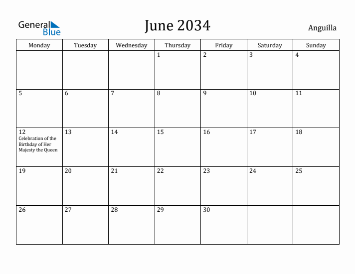 June 2034 Calendar Anguilla