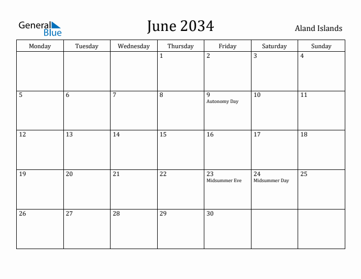 June 2034 Calendar Aland Islands
