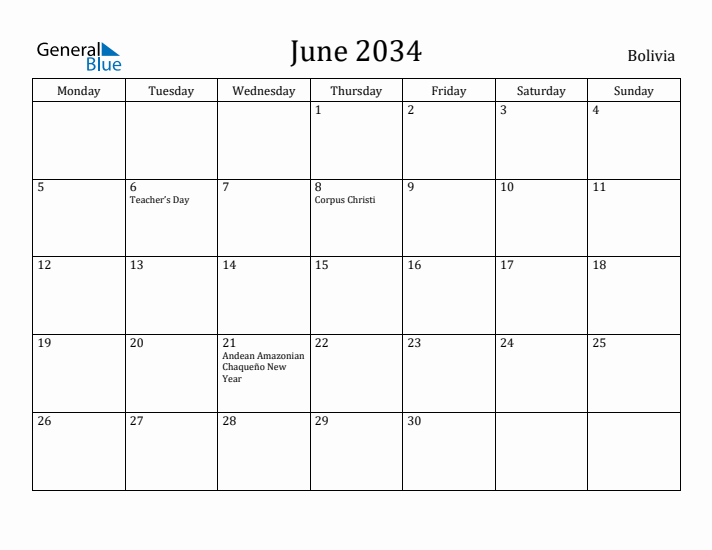 June 2034 Calendar Bolivia