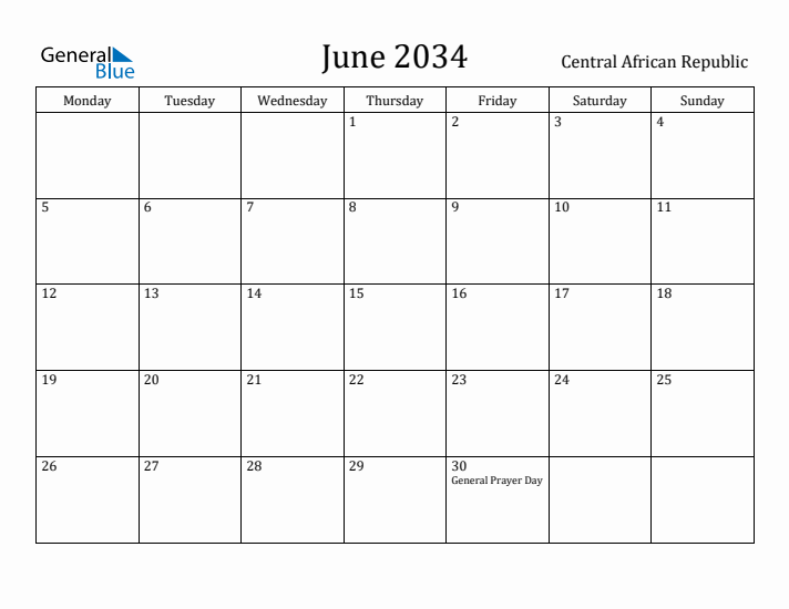 June 2034 Calendar Central African Republic