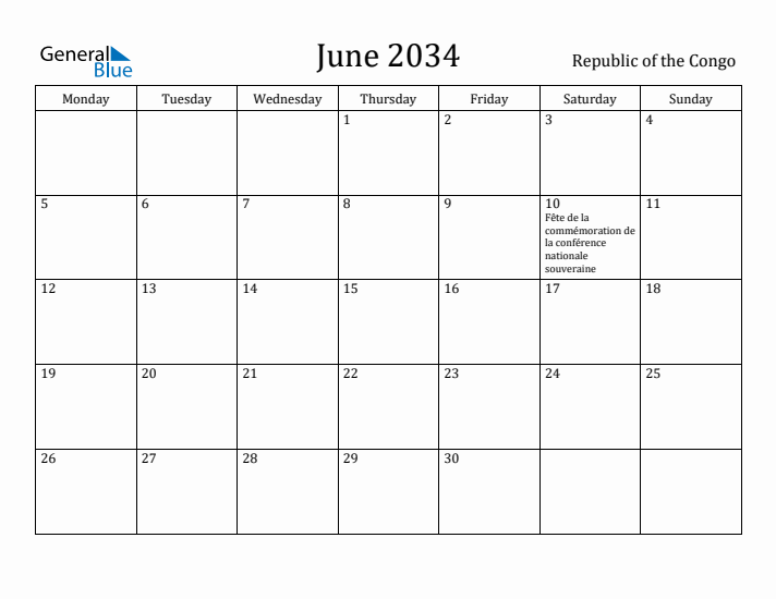 June 2034 Calendar Republic of the Congo
