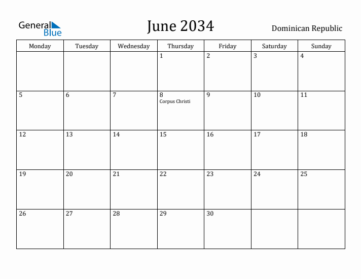 June 2034 Calendar Dominican Republic