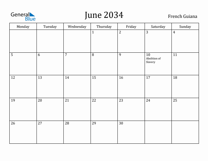 June 2034 Calendar French Guiana