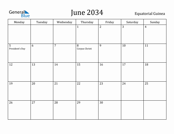 June 2034 Calendar Equatorial Guinea