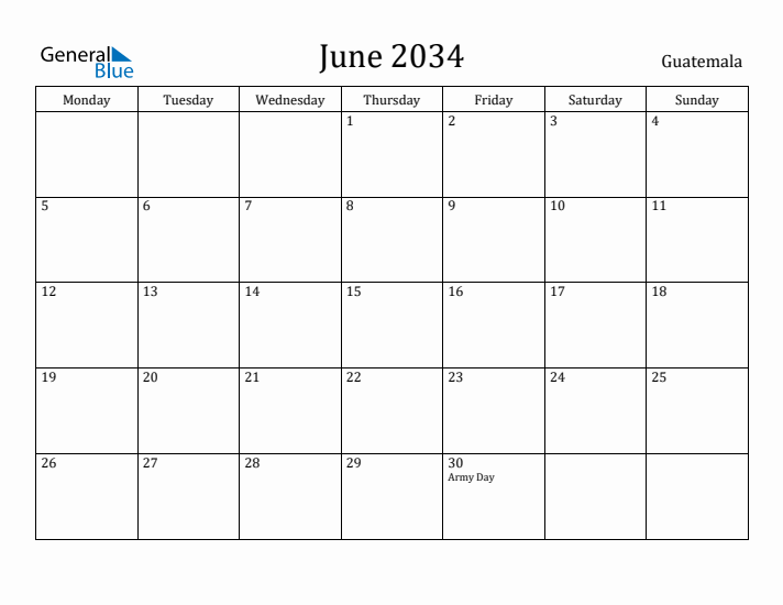 June 2034 Calendar Guatemala