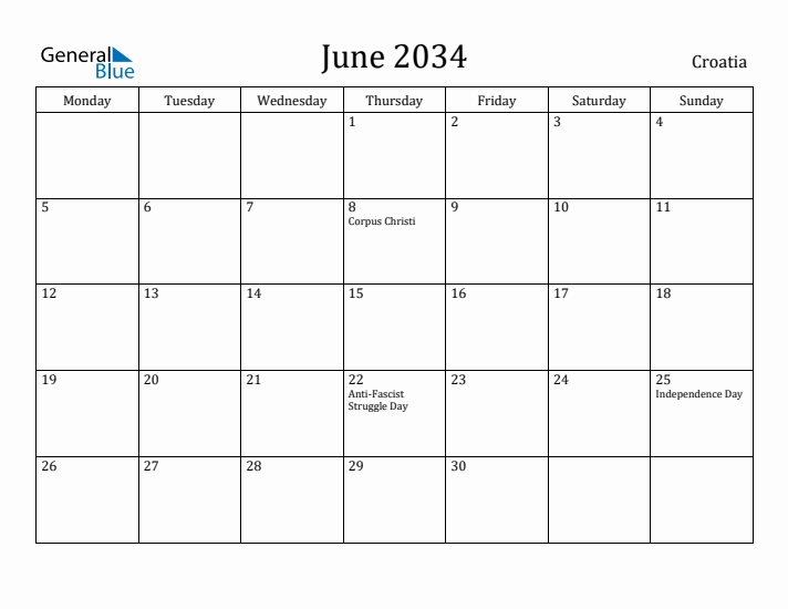 June 2034 Calendar Croatia