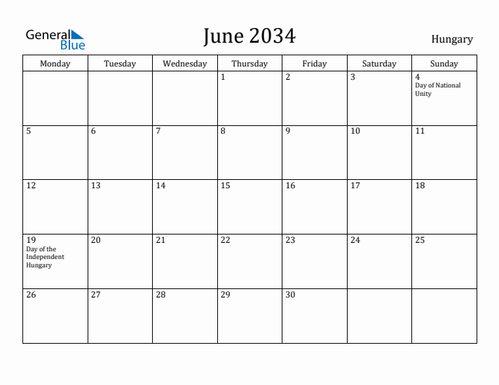 June 2034 Calendar Hungary