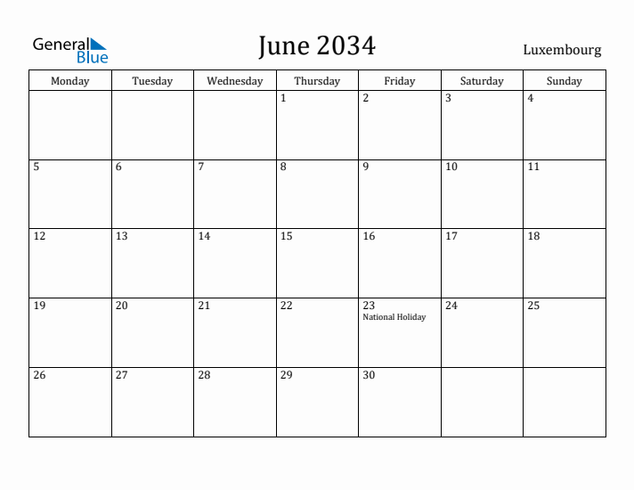 June 2034 Calendar Luxembourg