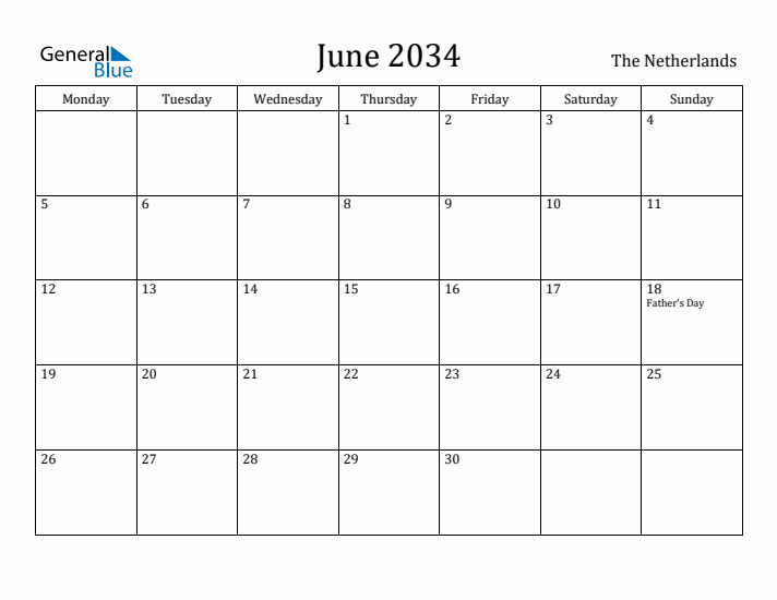 June 2034 Calendar The Netherlands