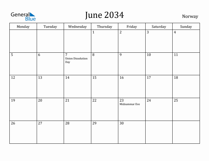 June 2034 Calendar Norway