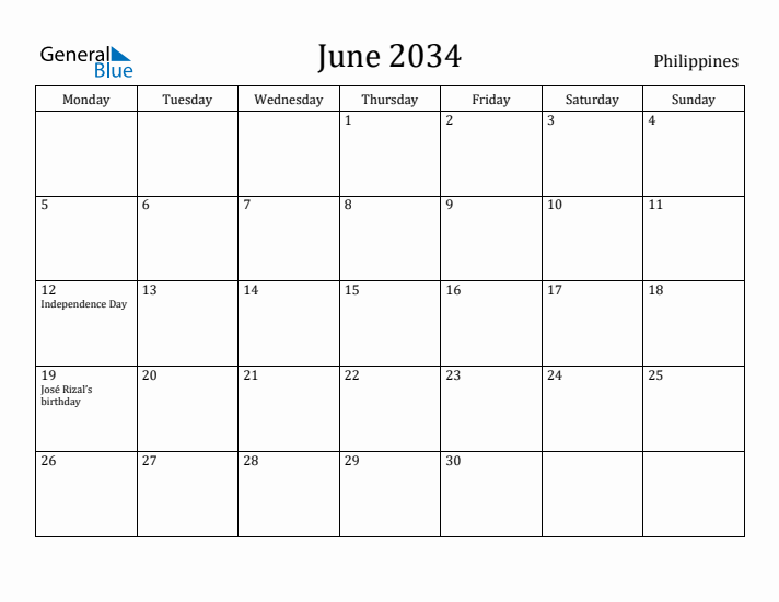 June 2034 Calendar Philippines