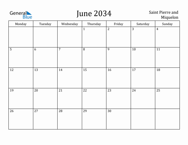 June 2034 Calendar Saint Pierre and Miquelon