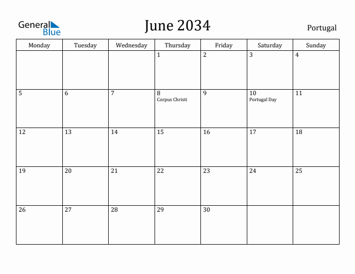 June 2034 Calendar Portugal