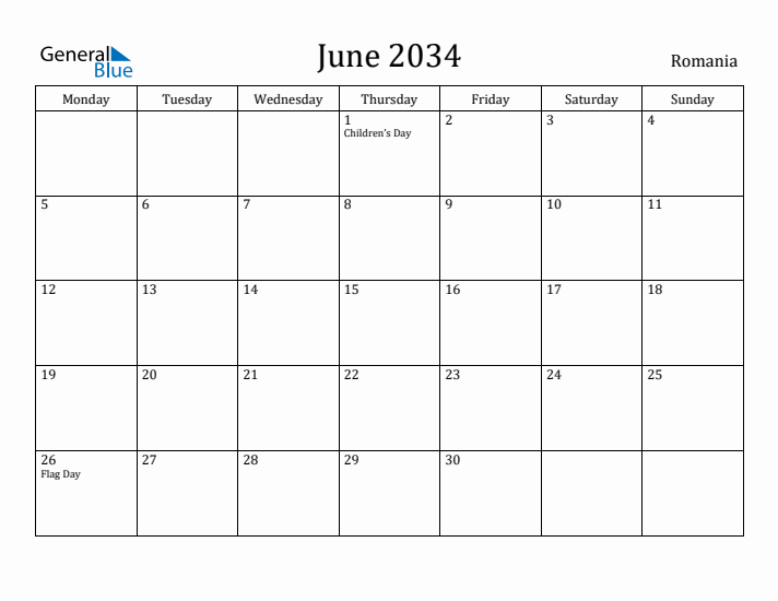 June 2034 Calendar Romania