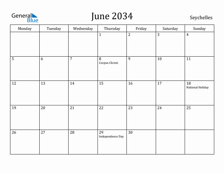 June 2034 Calendar Seychelles