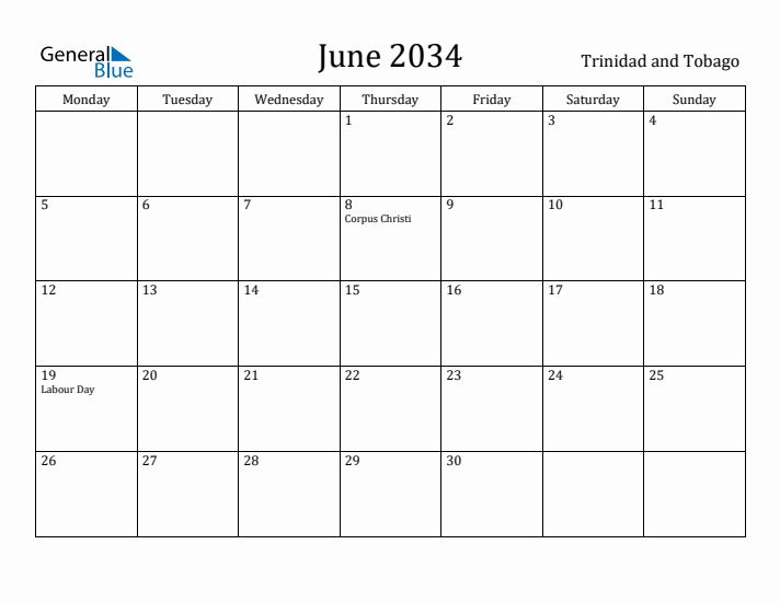 June 2034 Calendar Trinidad and Tobago