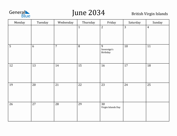 June 2034 Calendar British Virgin Islands