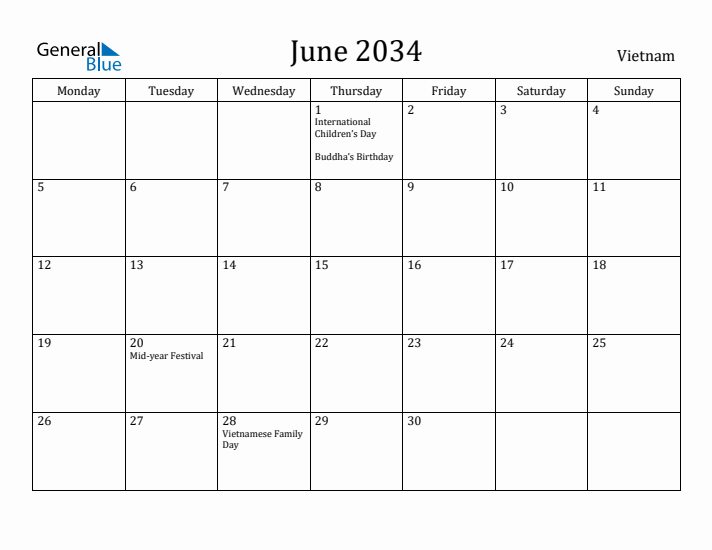 June 2034 Calendar Vietnam