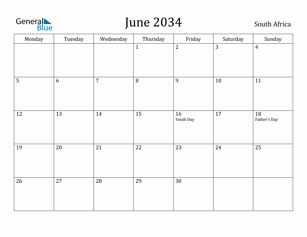 Monday In June South Africa Monthly Calendar - June 2034 (Monday Start)