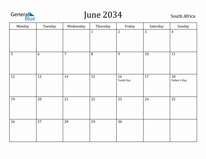 June 2034 Calendar South Africa