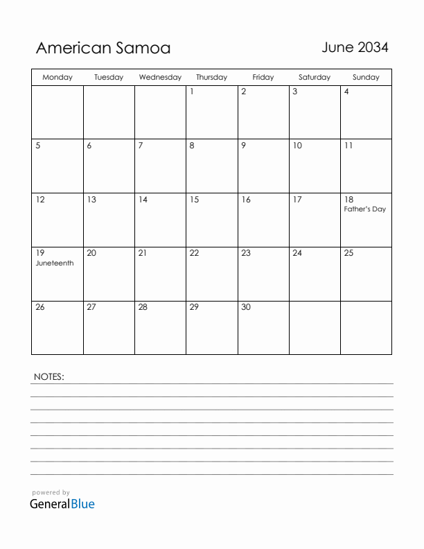 June 2034 American Samoa Calendar with Holidays (Monday Start)