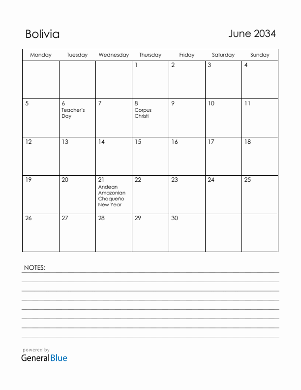 June 2034 Bolivia Calendar with Holidays (Monday Start)