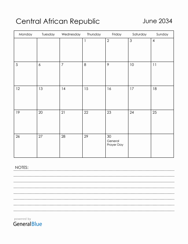 June 2034 Central African Republic Calendar with Holidays (Monday Start)