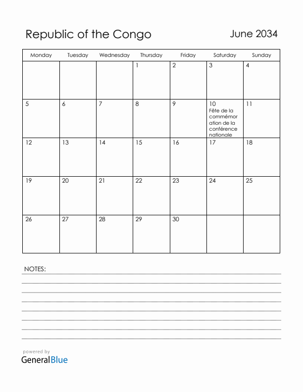 June 2034 Republic of the Congo Calendar with Holidays (Monday Start)