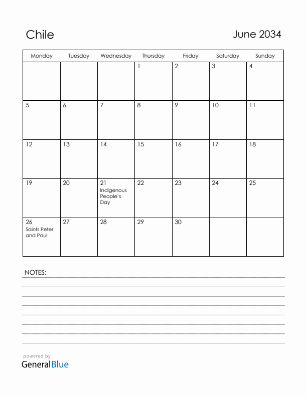 June 2034 Chile Calendar with Holidays (Monday Start)