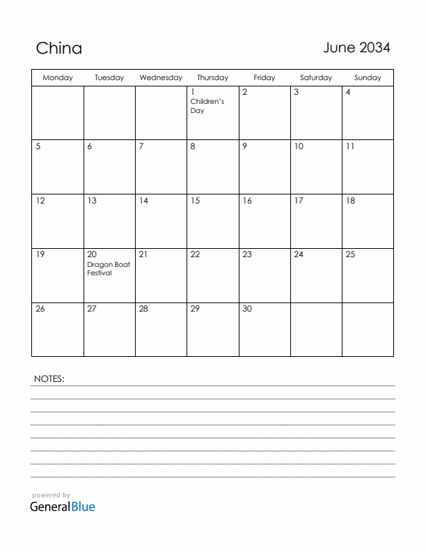 June 2034 China Calendar with Holidays (Monday Start)