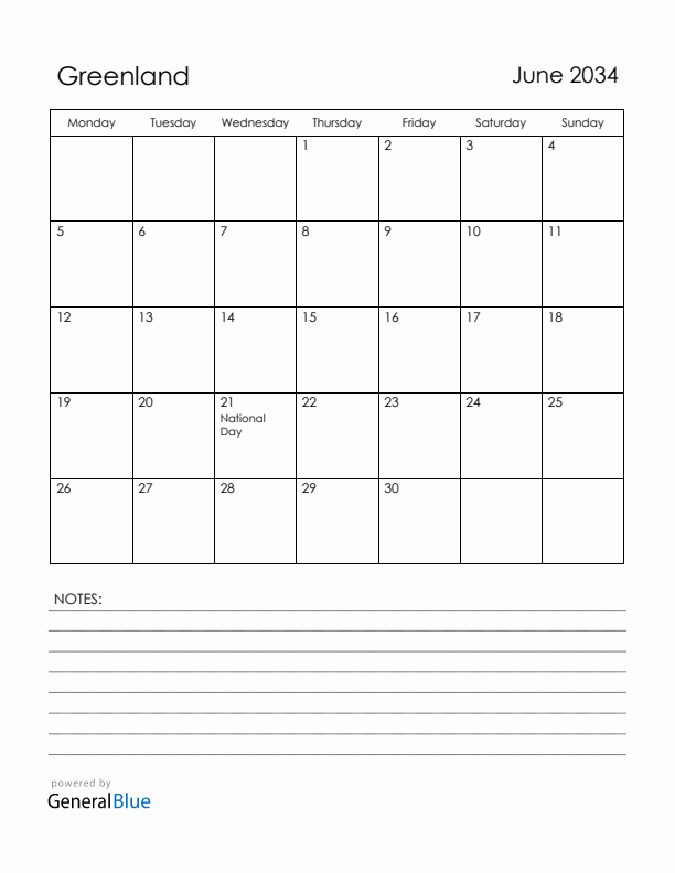 June 2034 Greenland Calendar with Holidays (Monday Start)