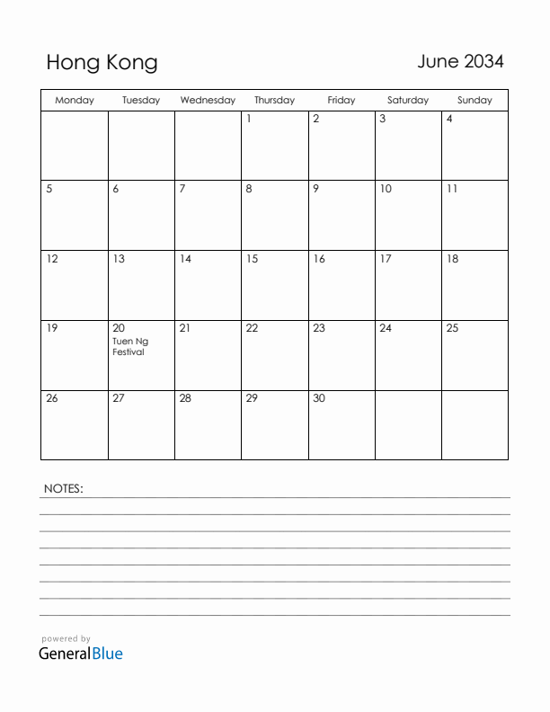 June 2034 Hong Kong Calendar with Holidays (Monday Start)