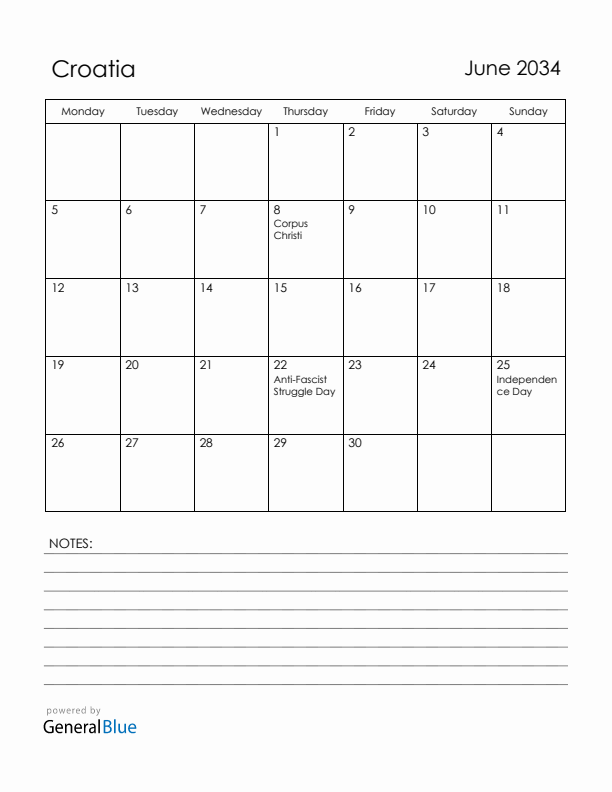 June 2034 Croatia Calendar with Holidays (Monday Start)
