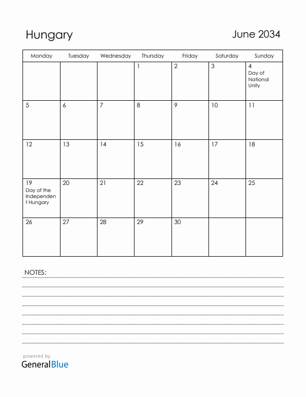June 2034 Hungary Calendar with Holidays (Monday Start)
