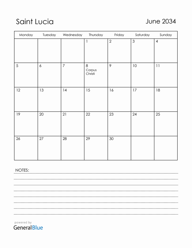 June 2034 Saint Lucia Calendar with Holidays (Monday Start)