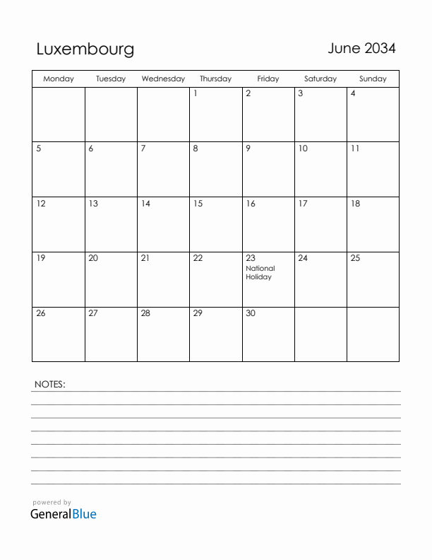June 2034 Luxembourg Calendar with Holidays (Monday Start)