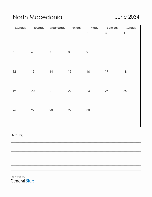 June 2034 North Macedonia Calendar with Holidays (Monday Start)