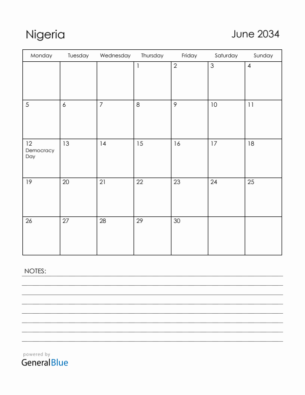 June 2034 Nigeria Calendar with Holidays (Monday Start)