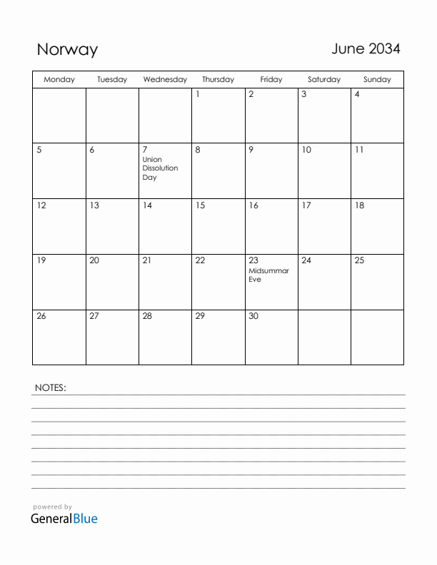 June 2034 Norway Calendar with Holidays (Monday Start)