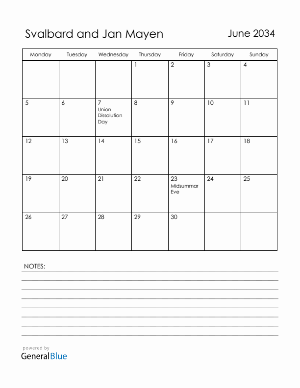 June 2034 Svalbard and Jan Mayen Calendar with Holidays (Monday Start)