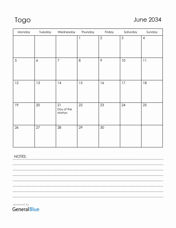 June 2034 Togo Calendar with Holidays (Monday Start)